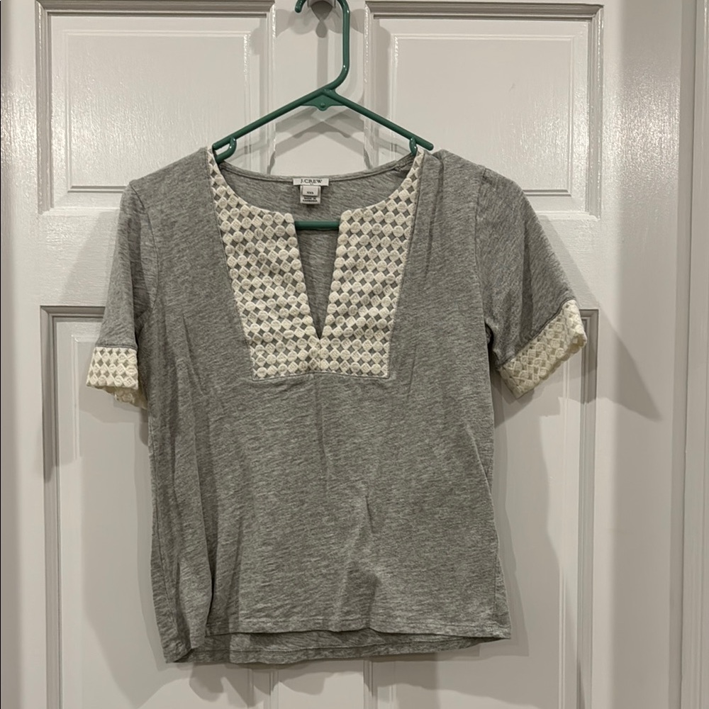 J. Crew Gray and White Cuffed Sleeve Blouse with Bib Collar